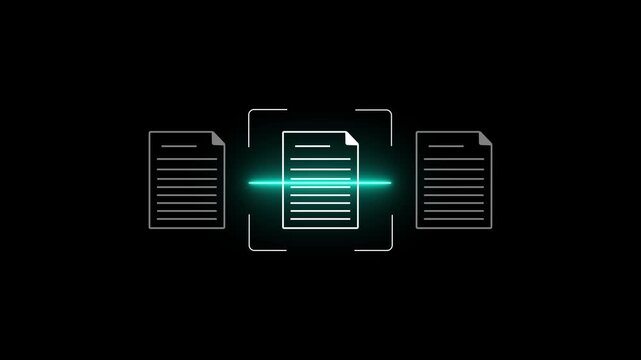 "Minimalist neon cyan glowing line animation of isometric documents being sorted and scanned inside digital reader frame on black background for corporate management stock video"