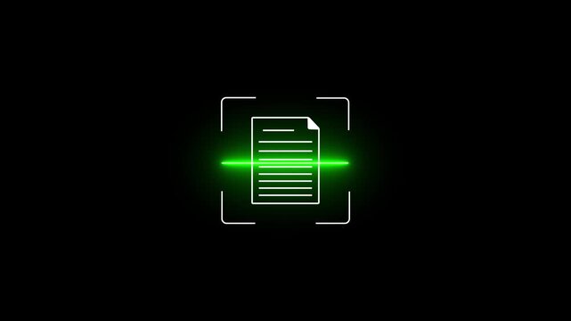 "Minimalist flat line design animation of white document sheets with bright cyan laser scanner line reader processing data isolated on black background stock video"