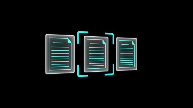 "Minimalist neon cyan glowing line animation of isometric documents being sorted and scanned inside digital reader frame on black background for corporate management stock video"