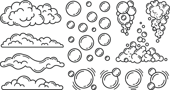 Soap Bubble and Fluffy Cloud Outline Icon Set Featuring Foam Suds Steam Smoke and Water Droplets Vectors for Cleaning and Weather Designs