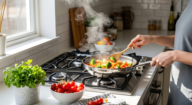 A person cooking vegetables in a stainless steel pan on a gas stove in a modern kitchen