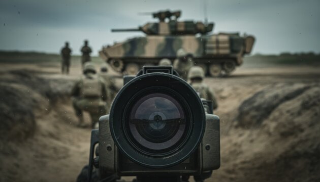 Close up view of a tactical surveillance camera lens with soldiers and an armored military vehicle blurred in a trench