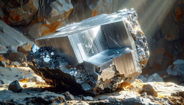 Large blocky specimen of metallic galena mineral crystal sitting on a dark rocky matrix inside a sunlit cavern environment