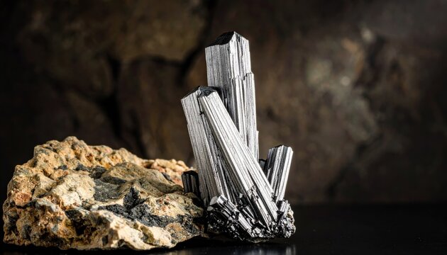 Stibnite mineral specimen with metallic silver gray elongated crystals clustered on rough natural rock matrix