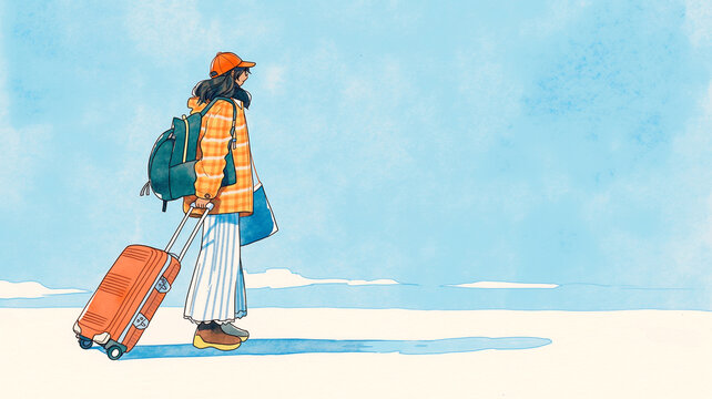 トランクに手を添えて旅の準備をする人物の手描き水彩風イラスト、旅行、観光、出発、到着、旅支度、荷物、スーツケース、バックパック、ひとり旅、海外旅行、国内旅行、空港、駅、ホテル、宿泊、長期滞在、留学、出張、移住、ワーケーション、休日、休暇、バカンス、ライフスタイル、男性、女性、人物、全身、シンプル、余白、挿絵、広告、ポスター、チラシ、バナー、SNS、商用利用、素材向け、旅行素材、観光素材、旅情、資料