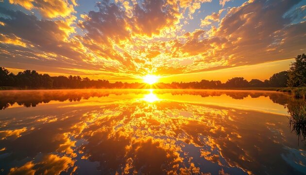 Vivid sunrise reflects in still lake water with golden clouds above the distant trees