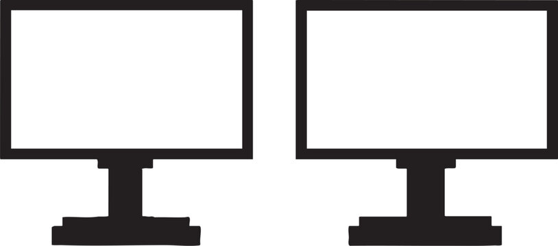 Vector illustration of two blank computer monitors on stands side by side in black and white colors for design and graphic purposes