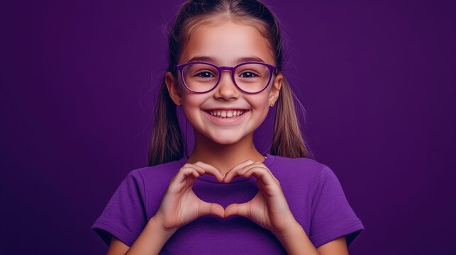 A smiling young girl wears stylish frames and forms a heart symbol with her hands. Concept of pediatric vision health, optical care, and loving your glasses.