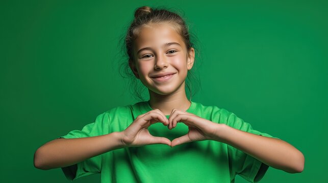 A cute child expresses love and kindness through a heart gesture on a green background. Ideal for non-profit organizations, social projects, and donation campaigns.