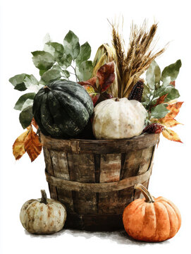Autumn Harvest Basket Watercolor &ndash; AI Generative