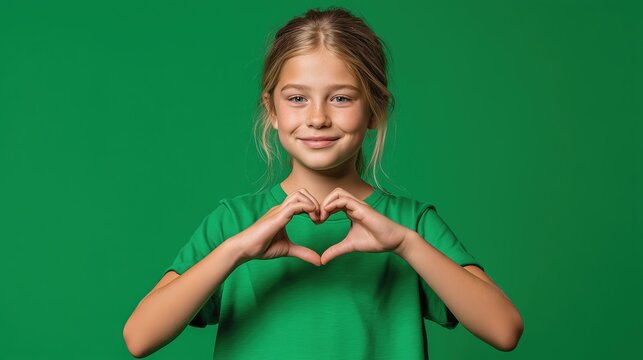 Portrait of a cheerful child gesturing a heart sign against a bright green backdrop. Represents pediatric health, medical insurance, and positive physical development.