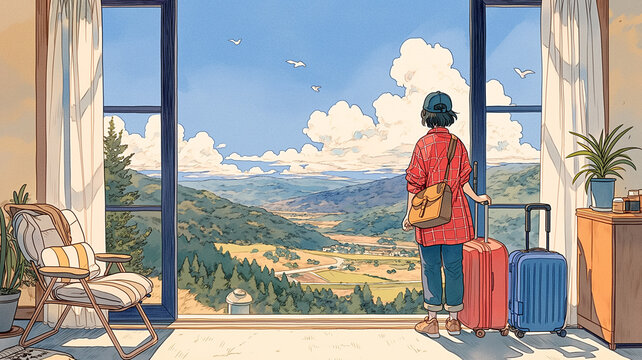 開いた窓から海辺の町を眺める旅行者とスーツケースの手描き水彩風イラスト、旅行、観光、リゾート、バカンス、休日、休暇、宿泊、ホテル、ゲストハウス、民宿、テラス、バルコニー、海辺、旅先、到着、出発、荷物、トランク、バックパック、ひとり旅、自由旅行、海外旅行、長期滞在、非日常、癒やし、夏休み、風景、人物、後ろ姿、広告、ポスター、旅行パンフレット、SNS、商用利用、素材向け、旅行素材、観光素材、旅情、資料