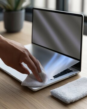 Removable privacy filter sheet aligned on laptop screen with microfiber cloth