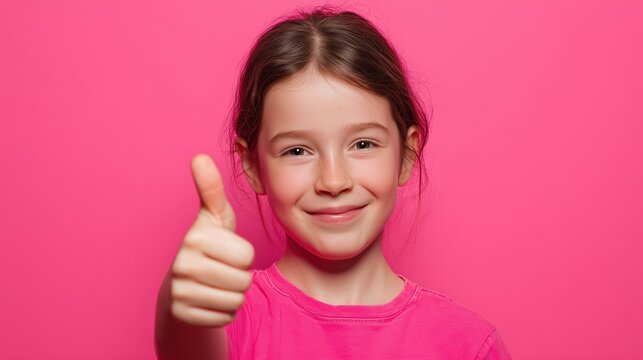 A smiling child in a pink t-shirt gives a thumbs up against a vibrant background. Concept of success, approval, positive feedback, and childhood joy.