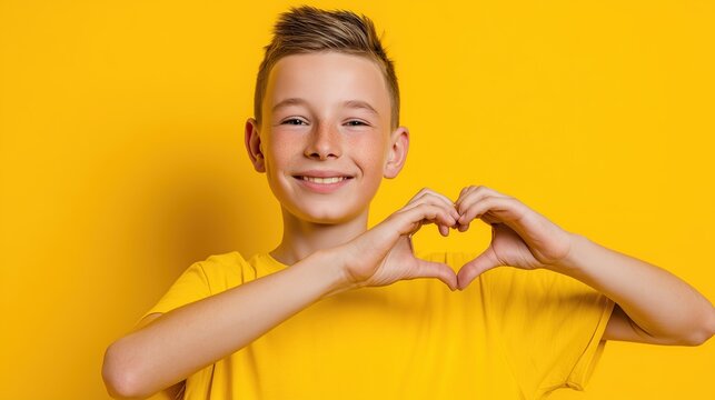 A happy young boy in a yellow t-shirt forms a heart symbol with his fingers against a bright backdrop. Concept of love, kindness, and positive emotional health for youth.