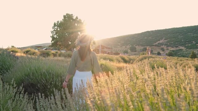 lavender, lavender garden, lavender field, lavender flower, lavender spikes, among lavender, walking woman, woman, young woman, flower crown, lavender crown, boho style, long hair, red hair, white ski