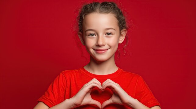 Portrait of a cheerful kid gesturing a heart sign against a vibrant red backdrop. Represents emotional intelligence, family support, and sincere childhood feelings.