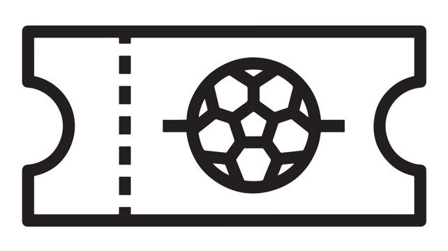 Black and White Vector Illustration of a Film Ticket Icon with a Soccer Ball Inside, Line Art Drawing Sketch Graphic