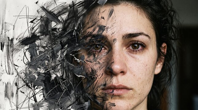 Conceptual Portrait of a Woman Depicting Emotional Struggle, Mental Health Awareness, Anxiety, Depression, Trauma, Inner Conflict, Psychological Stress, and Personal Healing Through Abstract