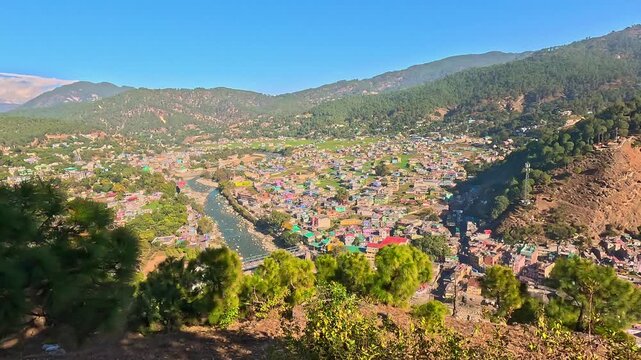 Aerial Style Panoramic View Of Bageshwar City And River In Uttarakhand Himalayas