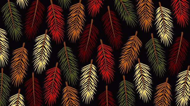 Elegant autumn feather leaf pattern featuring colorful botanical foliage on a black background. Seamless looping motion ideal for seasonal presentations, festive visuals, nature themes