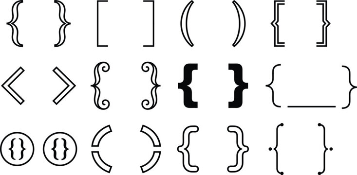 Bracket and Parentheses Typography Line Icon Set Featuring Curly Braces Square Brackets Angle Brackets and Math Punctuation Symbols for Coding Graphic Designs