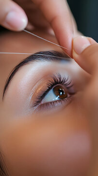 Eyebrow threading treatment is performed by a professional technician using a delicate cotton thread to shape and define the brow arch for a clean, polished appearance.