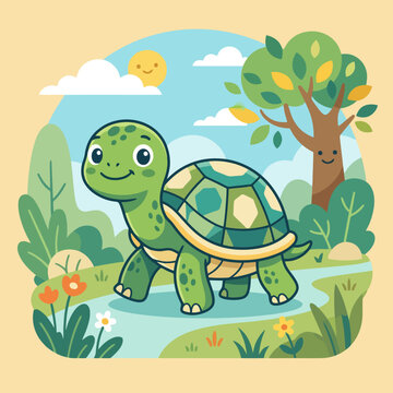 A cute green turtle walks through a sunny forest landscape scene