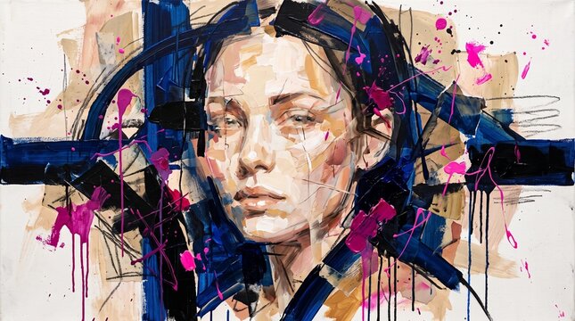 Contemporary Abstract Female Portrait with Expressive Brushstrokes, Vibrant Blue, Pink, Gold, Black, and White Paint Accents, Modern Expressionist Canvas Art, Colorful Mixed Media Illustration, Artist
