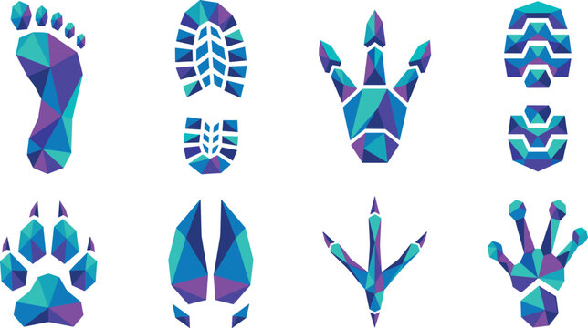 Abstract low poly geometric human and animal footprints low-poly vector icons set