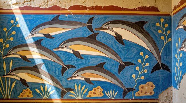Ancient Minoan dolphin fresco, vibrant wall painting from Knossos Palace, Crete. Blue ocean scene with marine life, detailed art reconstruction showing aquatic animals swimming. Colorful historical