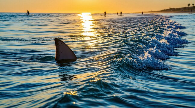 fin emerges from ocean waves near beach during sunset. Surfers paddle in distance, unaware of marine predator nearby. Danger lurks in beautiful water.
