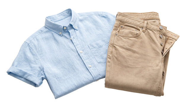 Light blue linen shirt and beige chino trousers, casual summer men's outfit on white background, stylish cotton apparel for spring fashion