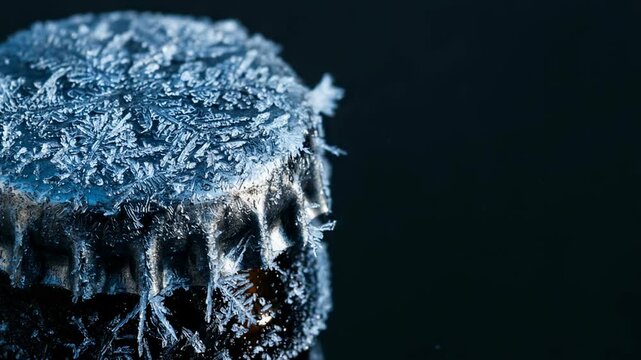 Frozen metal bottle cap covered in ice crystals. Macro shot of extremely cold beverage container. Winter refreshment concept with hoarfrost texture on dark background.