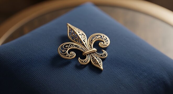 Ornate Gold Fleur De Lis Brooch Resting on Blue Fabric Cushion