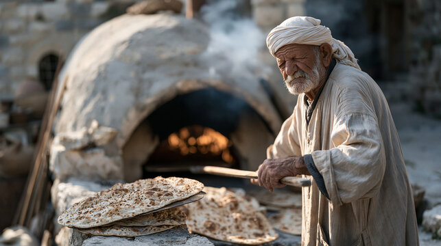 Lebanese elderly baker sliding large flatbreads into clay-domed outdoor wood-fired oven using long-handled peel, traditional Levantine baking, heritage food culture, morning