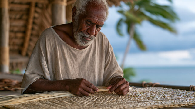 Pacific Islander woven pandanus mat maker seated in open-sided fale working fiber strands in complex plaited pattern as tropical afternoon storm clouds build on horizon and ocean