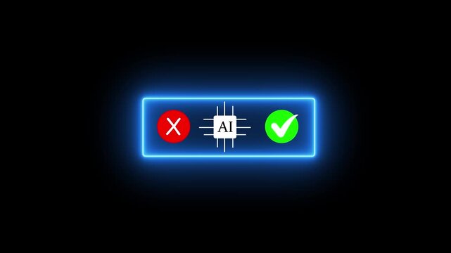 Neon blue glowing framework animation showing a central AI processor microchip between red cross reject and green checkmark accept icons on black background for machine learning evaluation stock video