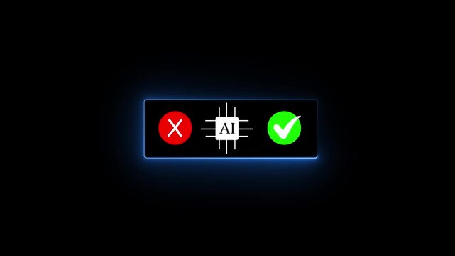 Neon blue glowing framework animation showing a central AI processor microchip between red cross reject and green checkmark accept icons on black background for machine learning evaluation stock video