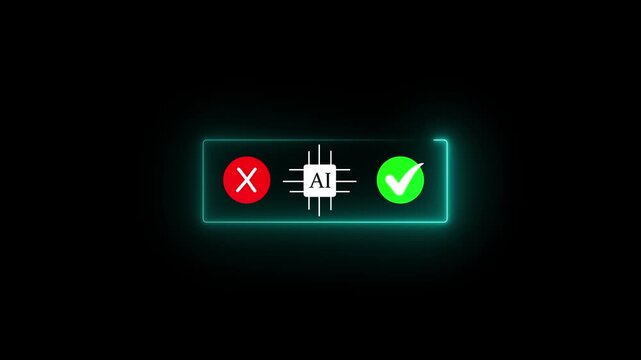 Neon blue glowing framework animation showing a central AI processor microchip between red cross reject and green checkmark accept icons on black background for machine learning evaluation stock video