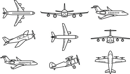 Airplane and Aircraft Outline Icon Set Featuring Commercial Jets Propeller Planes Biplanes and Cargo Flight Vectors for Travel and Transportation Design © REYAD