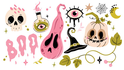 Vector illustration of spooky Halloween witch craft clipart set. Creepy cute pastel goth bundle with handwritten BOO lettering, witch hat, magic potion bottle, skull, and monster pumpkins. © MariAshma
