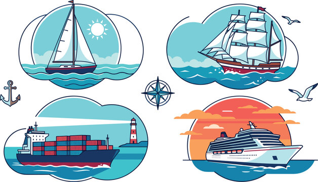 Nautical ships and maritime vessels at sea line art vector illustration emblem set