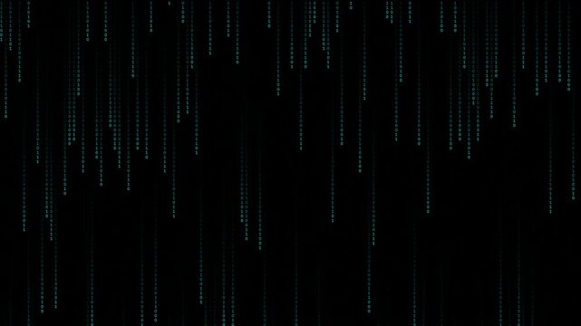 Cool Cyan Binary Code Falling: Digital Stream on Dark Background