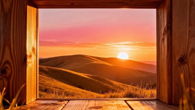 Sunset view through wooden window frame