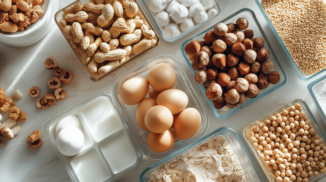 Top view of common food allergens including eggs, milk, peanuts, tree nuts, soybeans, oats and grains arranged in containers. Food allergy awareness, allergen labeling and nutrition concept.