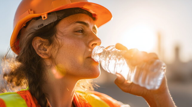 Construction worker wearing safety helmet and reflective vest drinking water during break on job site. Workplace hydration, heat safety and occupational health concept.