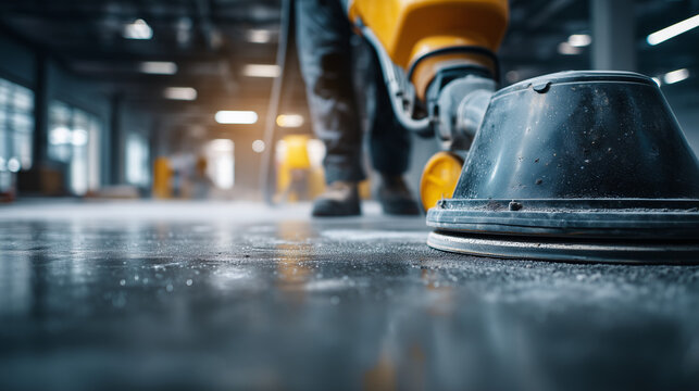 Professional floor polishing machine cleaning a concrete industrial surface. Heavy duty equipment restoring warehouse flooring with precision for commercial maintenance services.