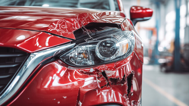 Front view of a severely damaged red passenger car after a road collision in a professional auto repair workshop. Vehicle insurance, accident assessment and collision repair concept.