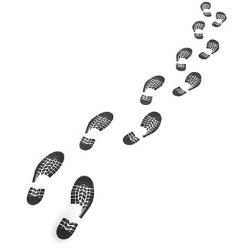 Black Shoe Prints Forming Diagonal Trail on White Background